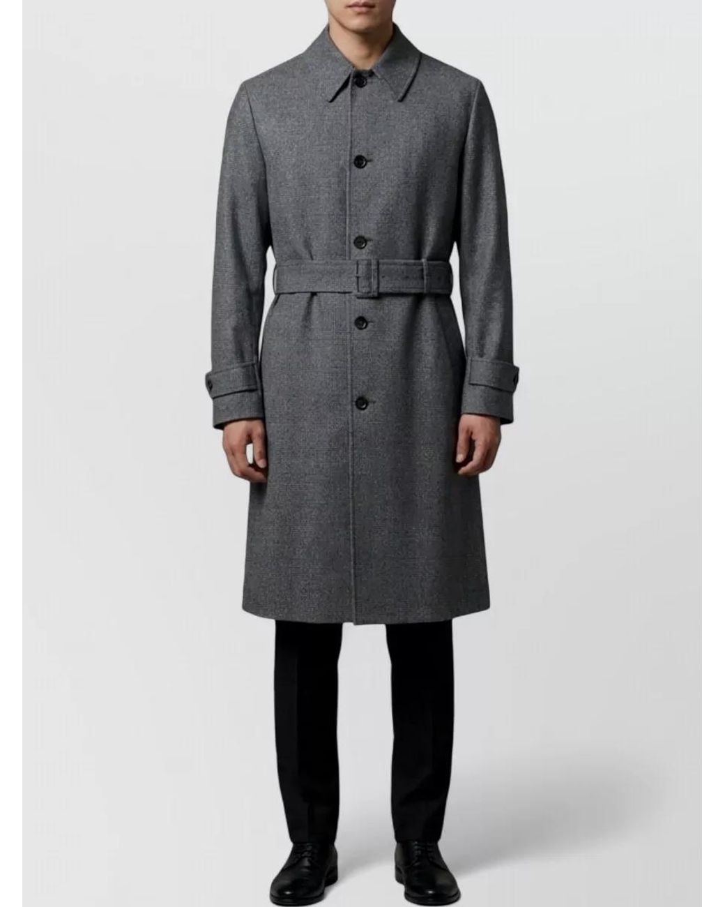 Lardini Gray Virgin Wool Checked Single-Breasted Belted Coat for men