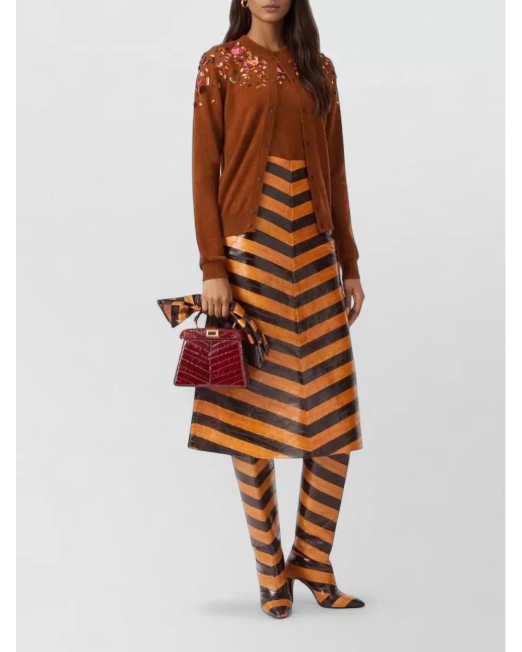 Fendi Brown Cashmere Wool Rhinestone-Embellished Ribbed Crewneck Cardigan