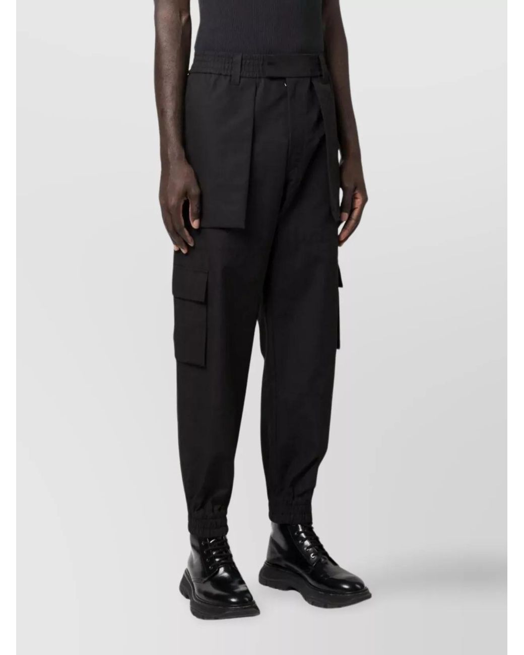 McQueen Black Cotton Cargo Tapered Trousers for men