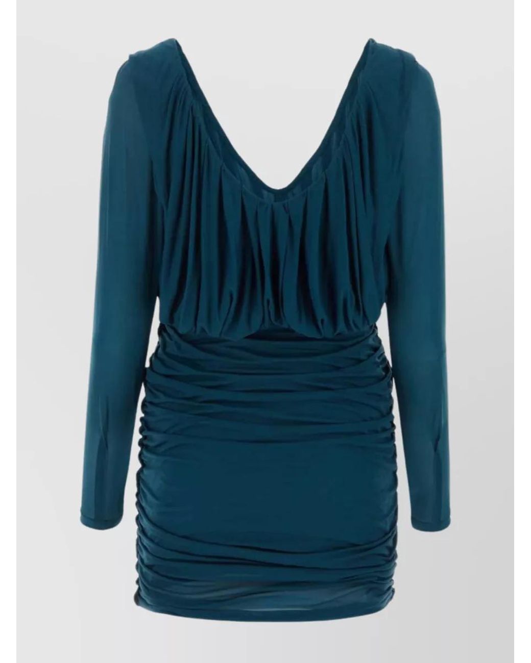 Saint Laurent Blue Draped V-Neck Long-Sleeve Mini Dress