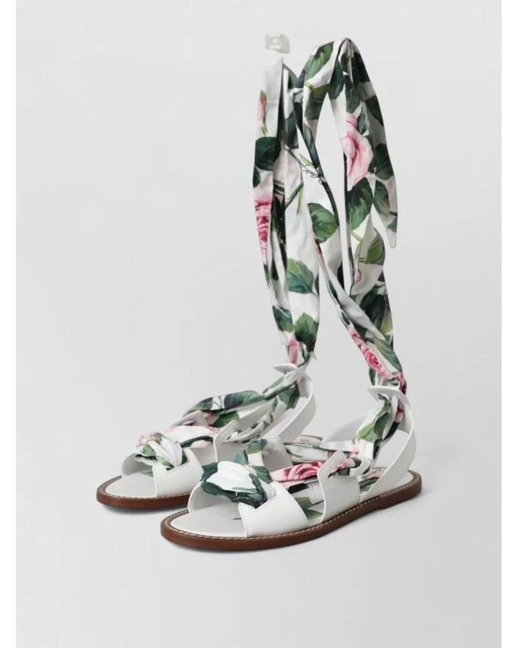 Dolce & Gabbana White Leather Floral-Print Ankle-Wrap Sandals