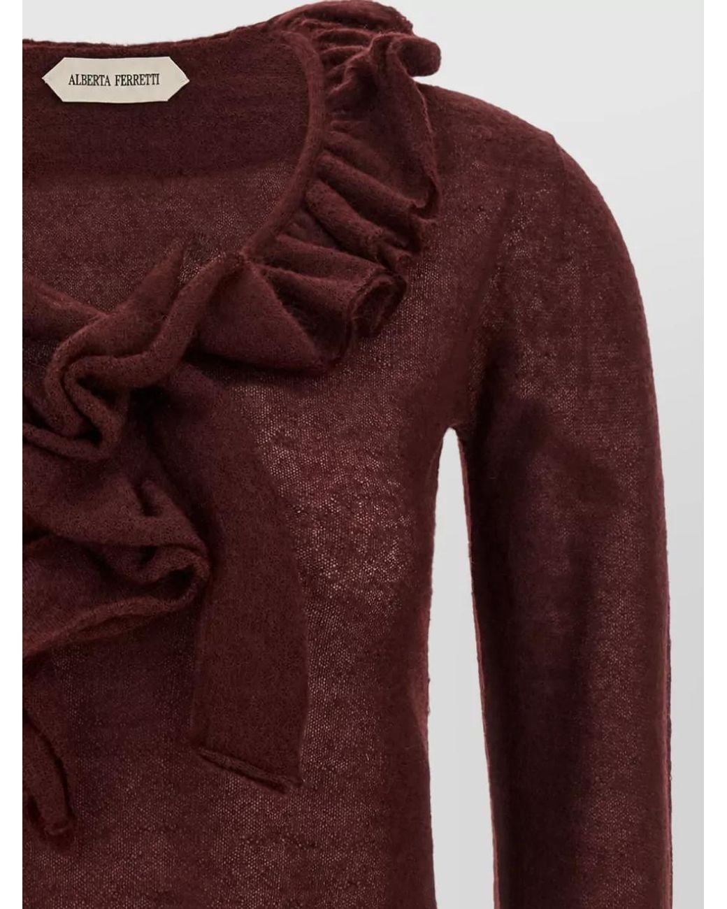 Alberta Ferretti Red Ruffled Cropped V-Neck Mohair-Blend Sweater
