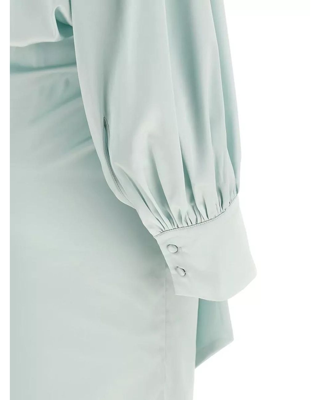 ROTATE BIRGER CHRISTENSEN Blue Ruched Satin V-Neck Long-Sleeve Midi Dress
