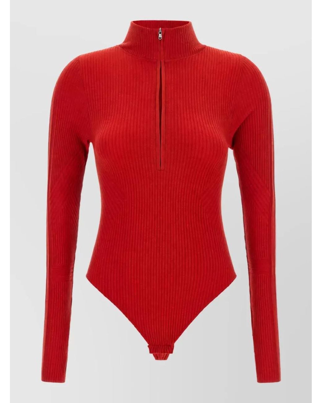 Perfect Moment Red Ribbed Wool Blend High Neck Long Sleeve Bodysuit