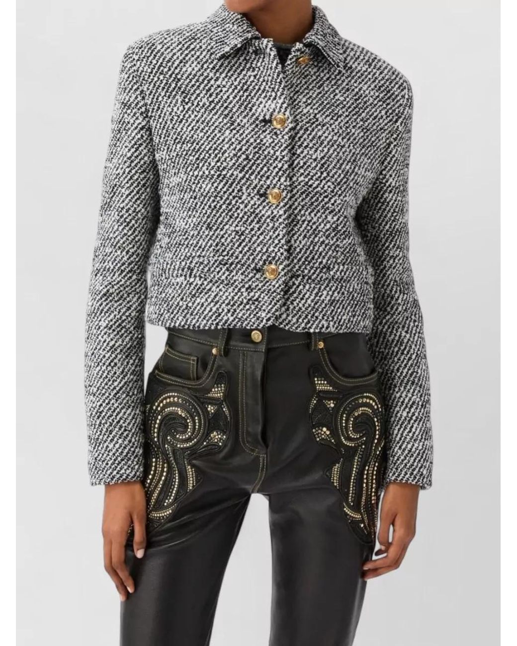 Versace Gray Bouclé Virgin Wool Cropped Single-Breasted Coat