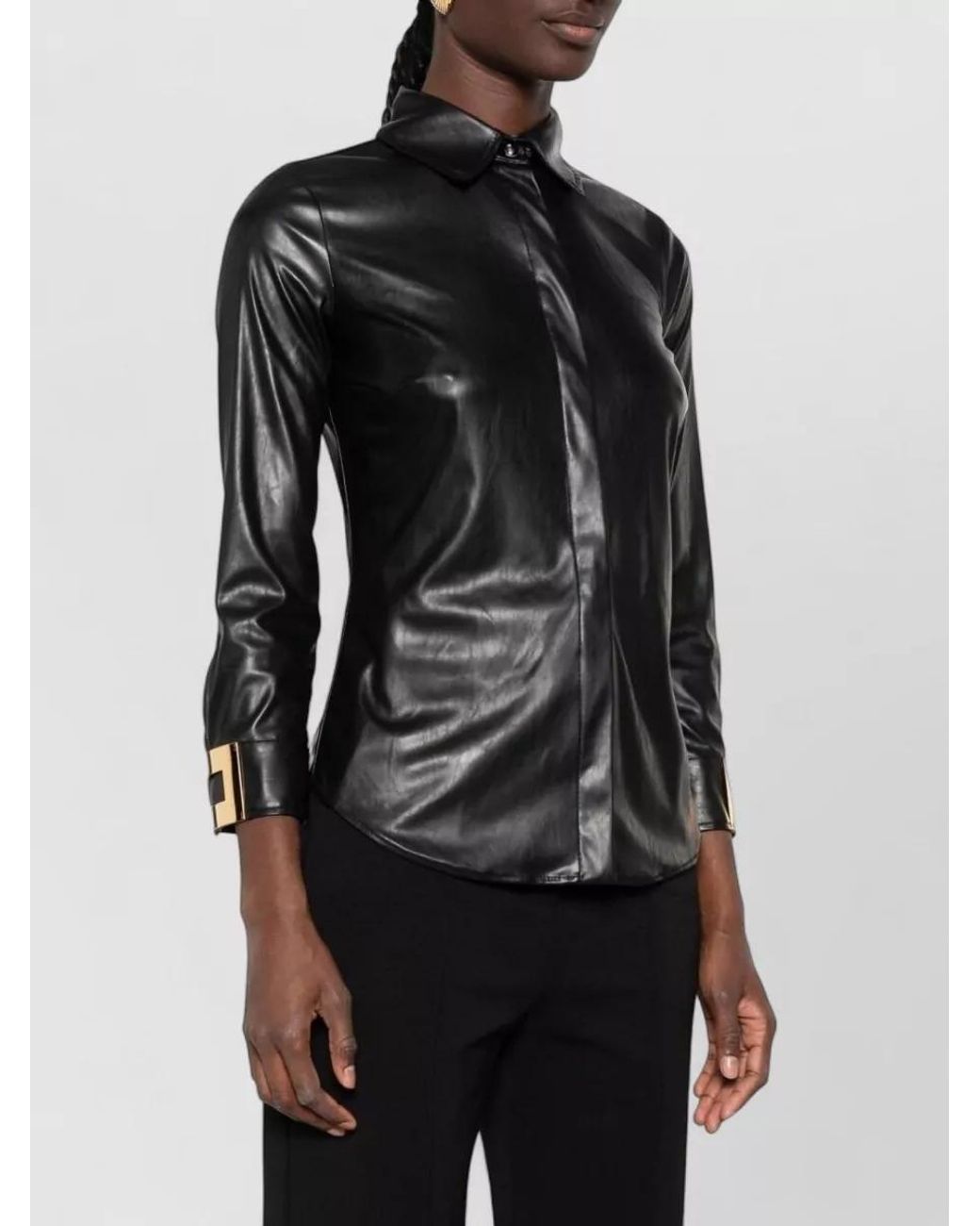 Elisabetta Franchi Black Faux Leather Long-Sleeve Shirt Jacket