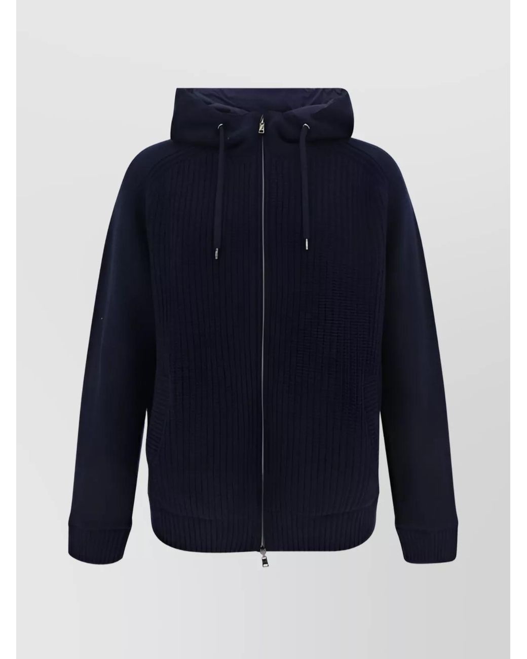 Herno Blue Wool Reversible Hooded Ribbed Knit Cardigan Jacket for men