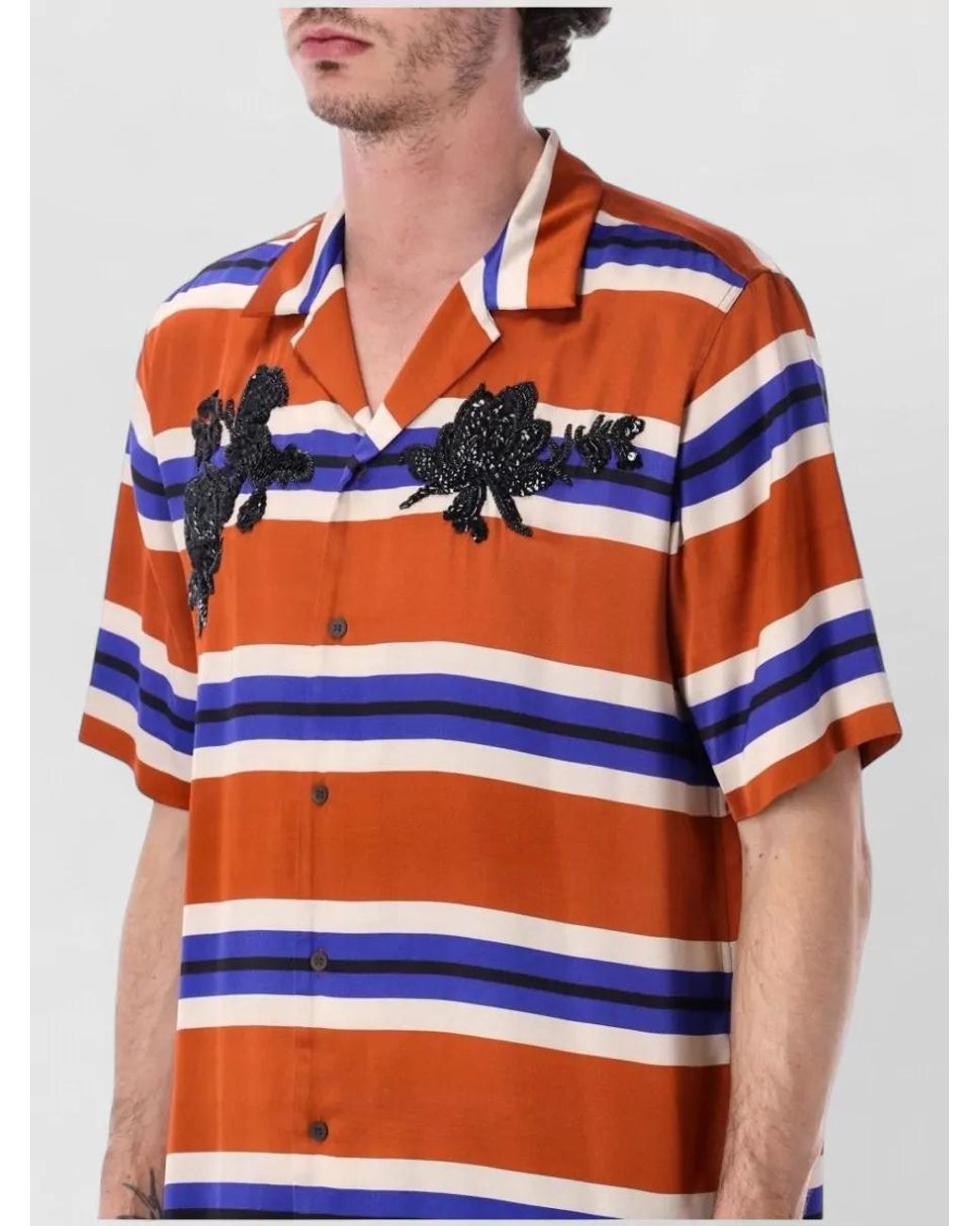 Dries Van Noten Blue Short Sleeve Striped Camp Shirt With Floral Appliqué for men