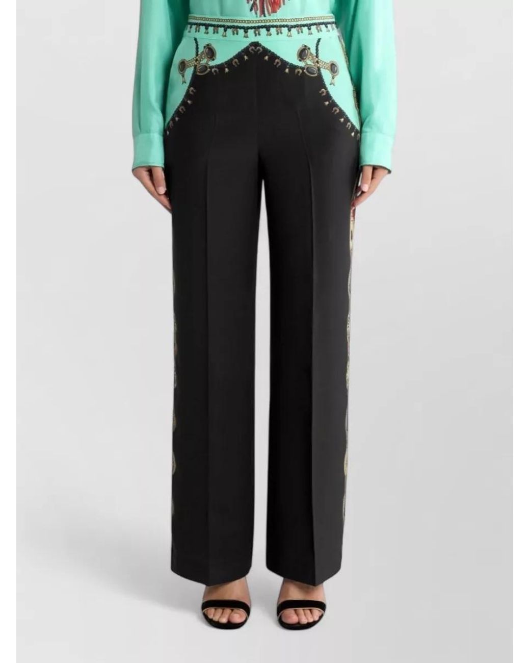 Etro Black Silk Printed Wide-Leg High-Rise Trousers