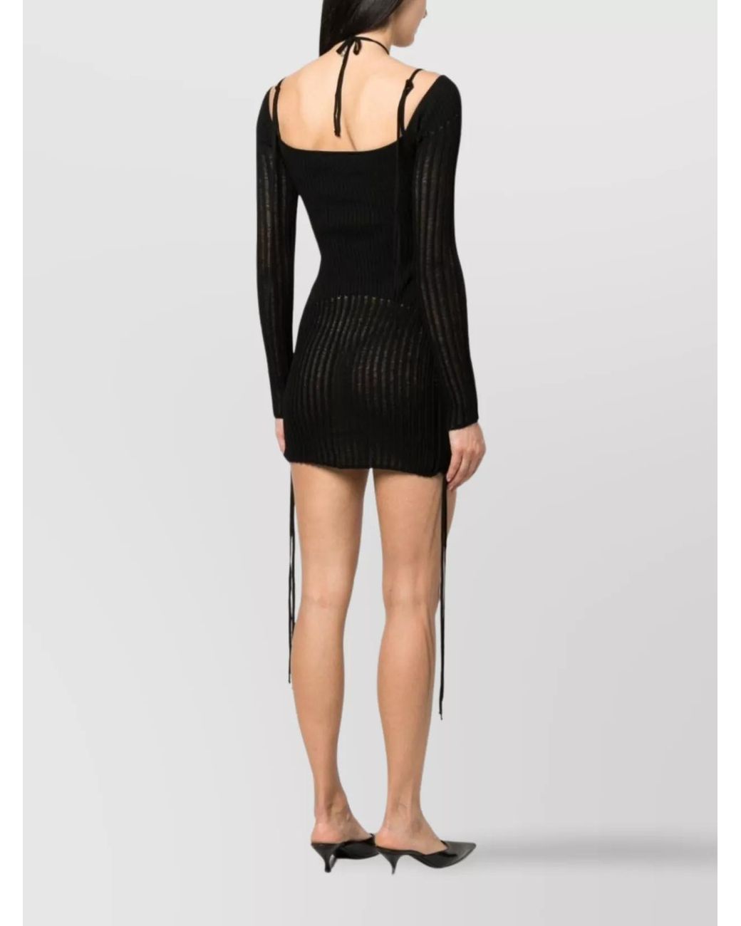 ANDREADAMO Black Ribbed Knit Cutout Halterneck Long-Sleeve Mini Dress