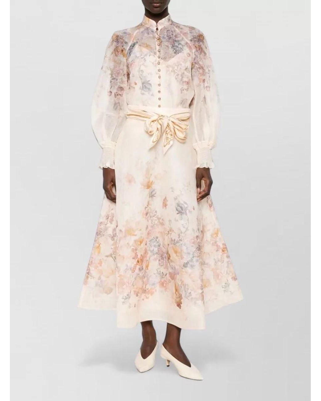 Zimmermann Natural Linen And Silk Floral Print High Waisted A Line Midi Skirt