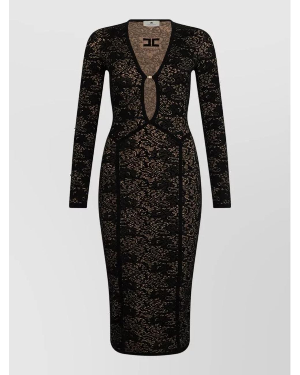 Elisabetta Franchi Black Patterned Deep V-Neck Long-Sleeve Midi Dress