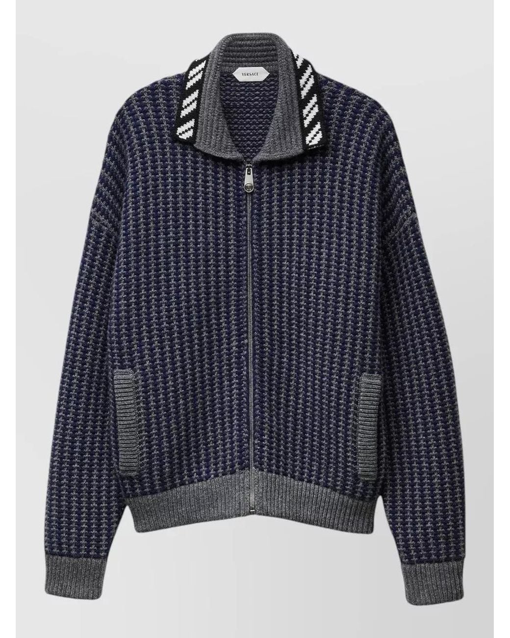 Versace Blue Virgin Wool Waffle-Knit Zip Cardigan for men