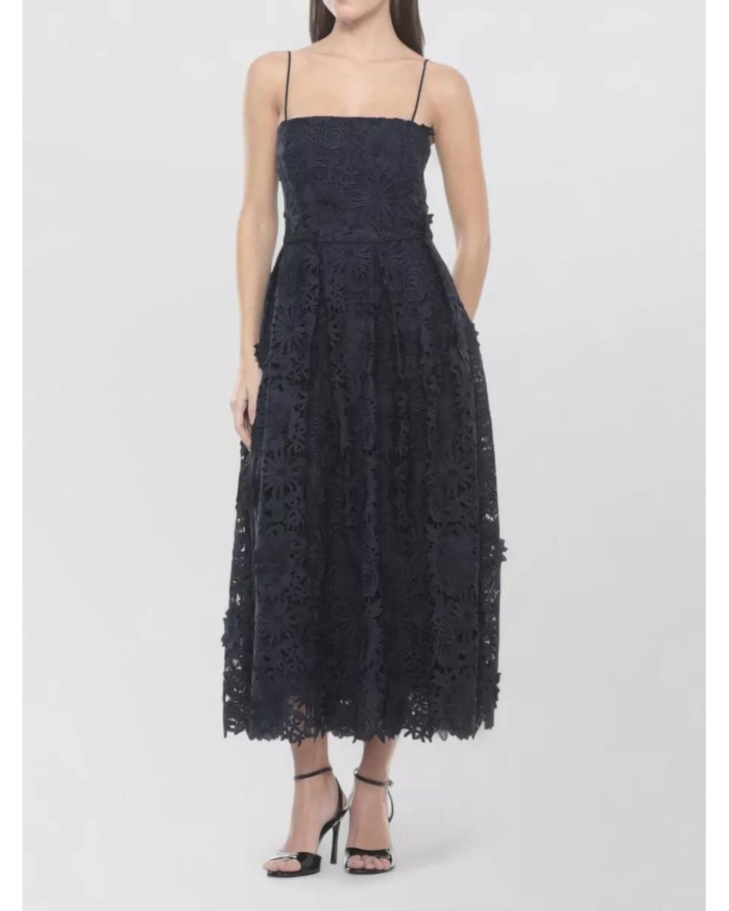 ROTATE BIRGER CHRISTENSEN Blue 3D Floral Lace Flared Midi Dress
