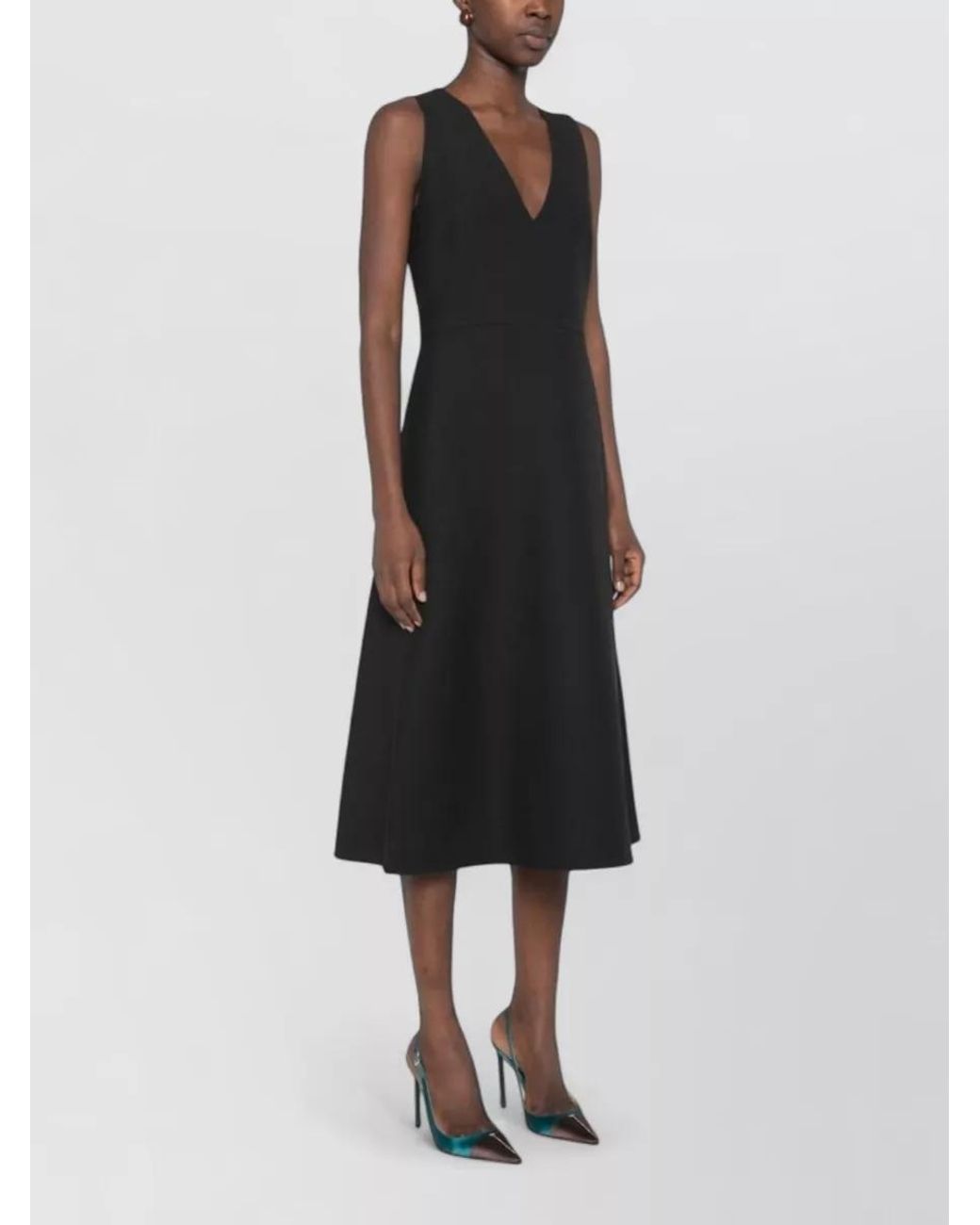 Fendi Black Wool Silk V-Neck Sleeveless A-Line Midi Dress
