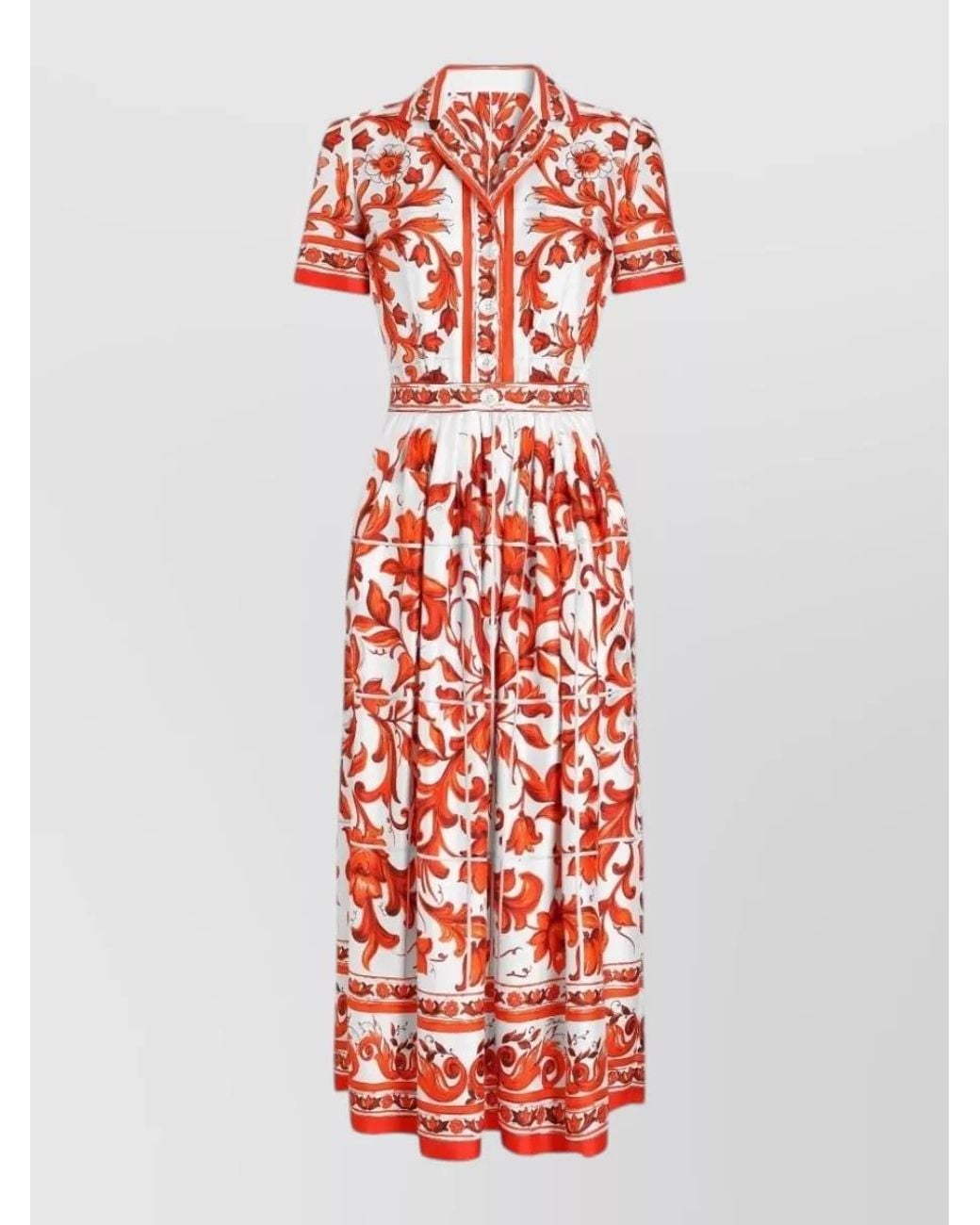 Dolce & Gabbana Red Silk Majolica Print Short-Sleeve Shirt Midi Dress