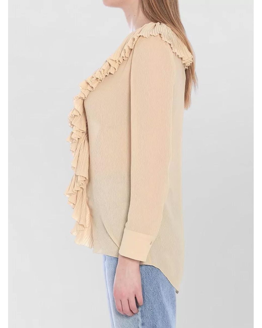 Saint Laurent Blue Silk Semi-Sheer Ruffled V-Neck Blouse