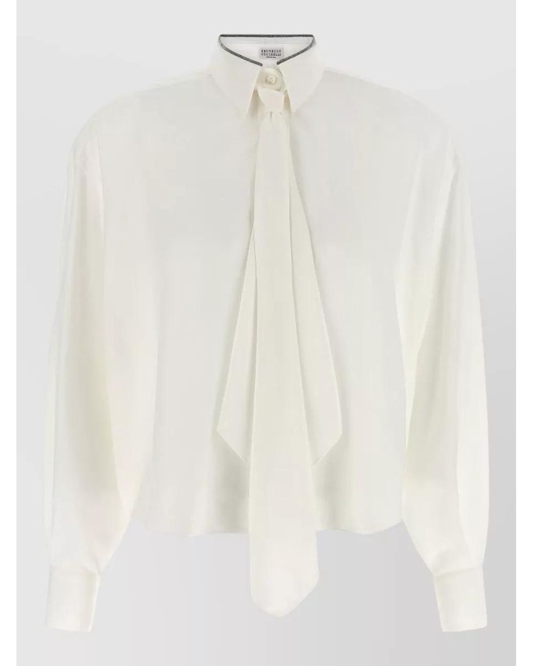 Brunello Cucinelli White Silk Long-Sleeve Asymmetric Blouse