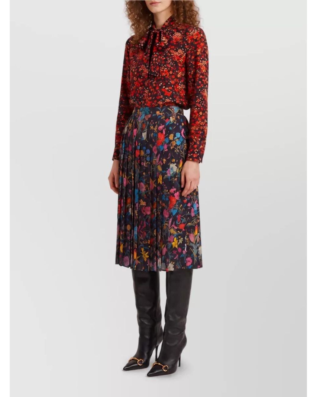 Gucci Red Silk Printed Pleated Midi Skirt