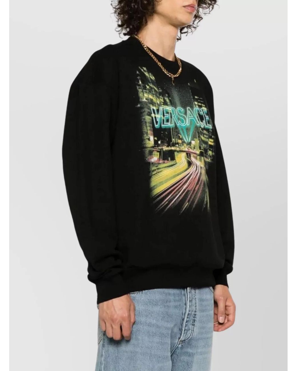 Versace Black Cotton Regular-Fit Graphic-Print Logo-Print Crewneck Sweatshirt for men
