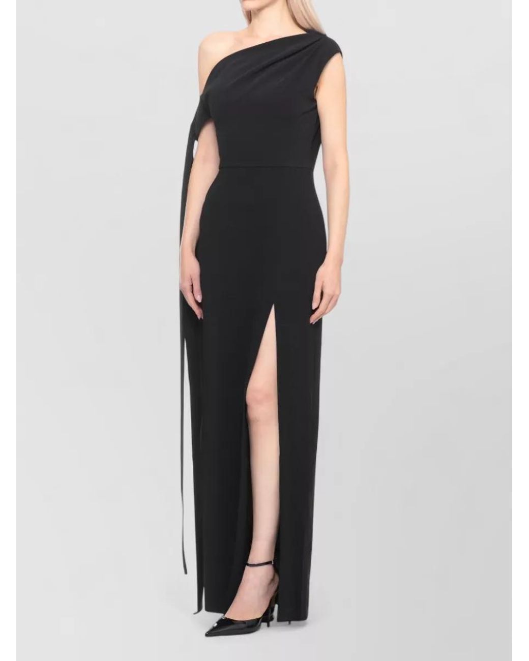 Solace London Black Polyester One-Shoulder Draped Maxi Gown