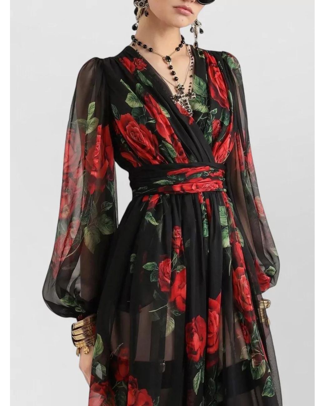Dolce & Gabbana Black Silk Draped Floral-Print Midi Dress