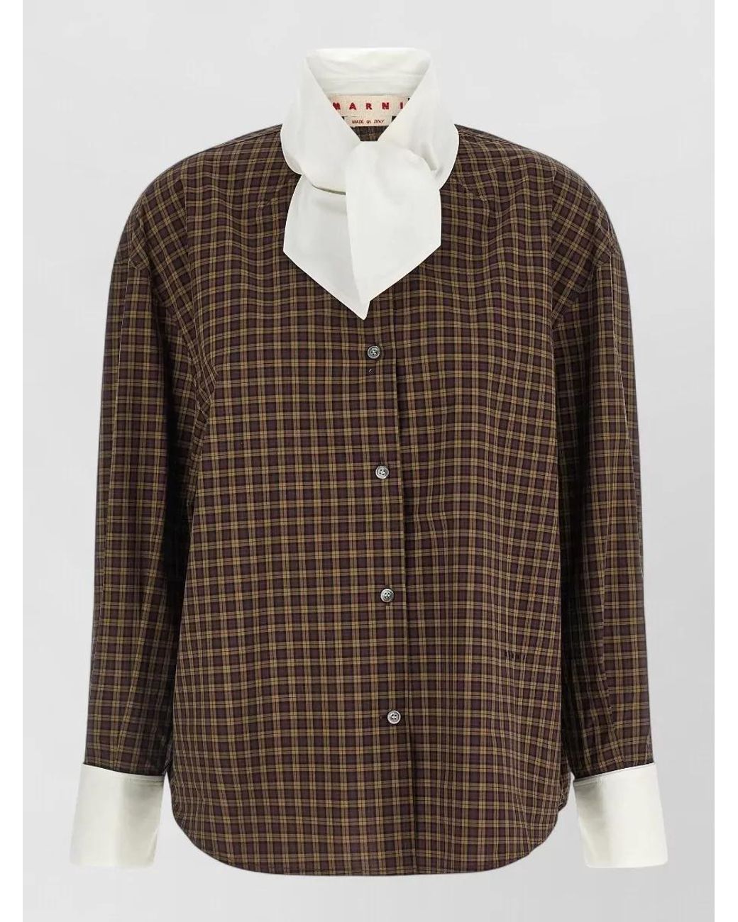 Marni Brown Embroidered Check Cotton Scarf Collar Oversized Shirt