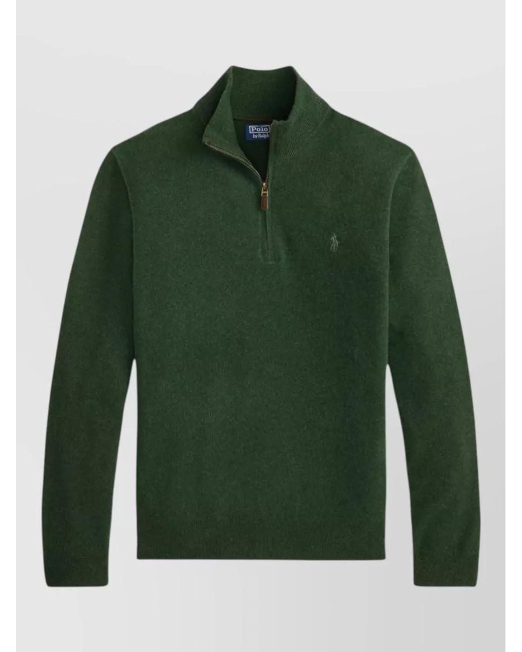 Polo Ralph Lauren Green Wool Ribbed Mock Neck Quarter Zip Sweater for men