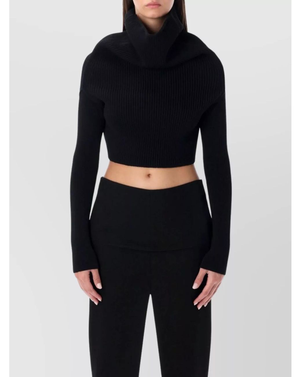 Rick Owens Blue Wool Ribbed Cropped Cowl Neck Long Sleeve Top