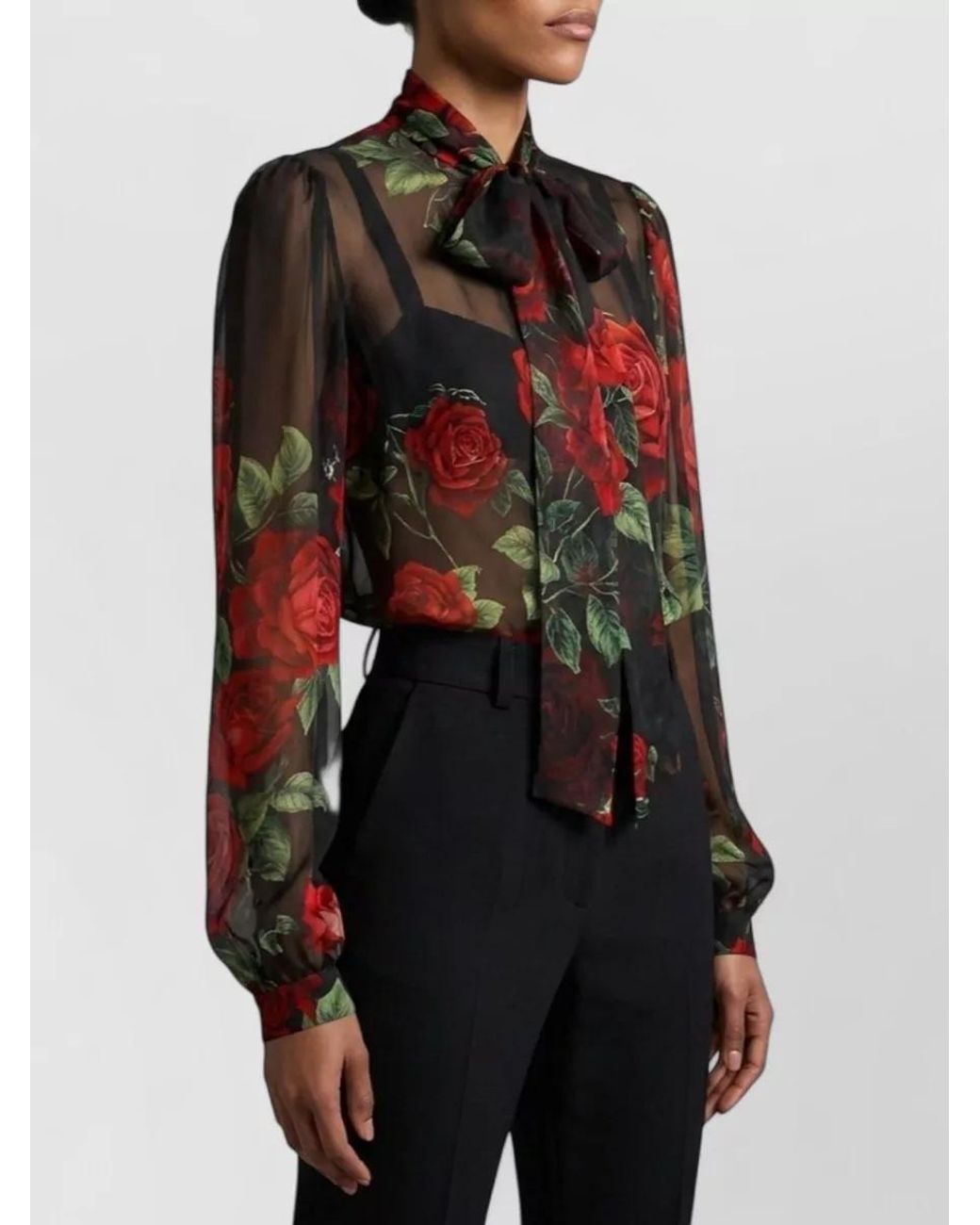 Dolce & Gabbana Black Silk Floral-Print Tie-Neck Blouse