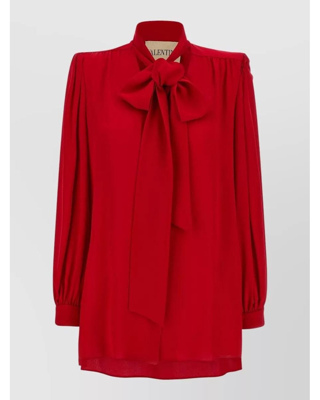 Valentino Garavani Red Silk Bow-Collar Long-Sleeve Blouse