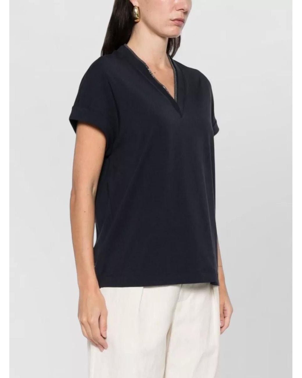 Brunello Cucinelli Black Cotton V-Neck T-Shirt