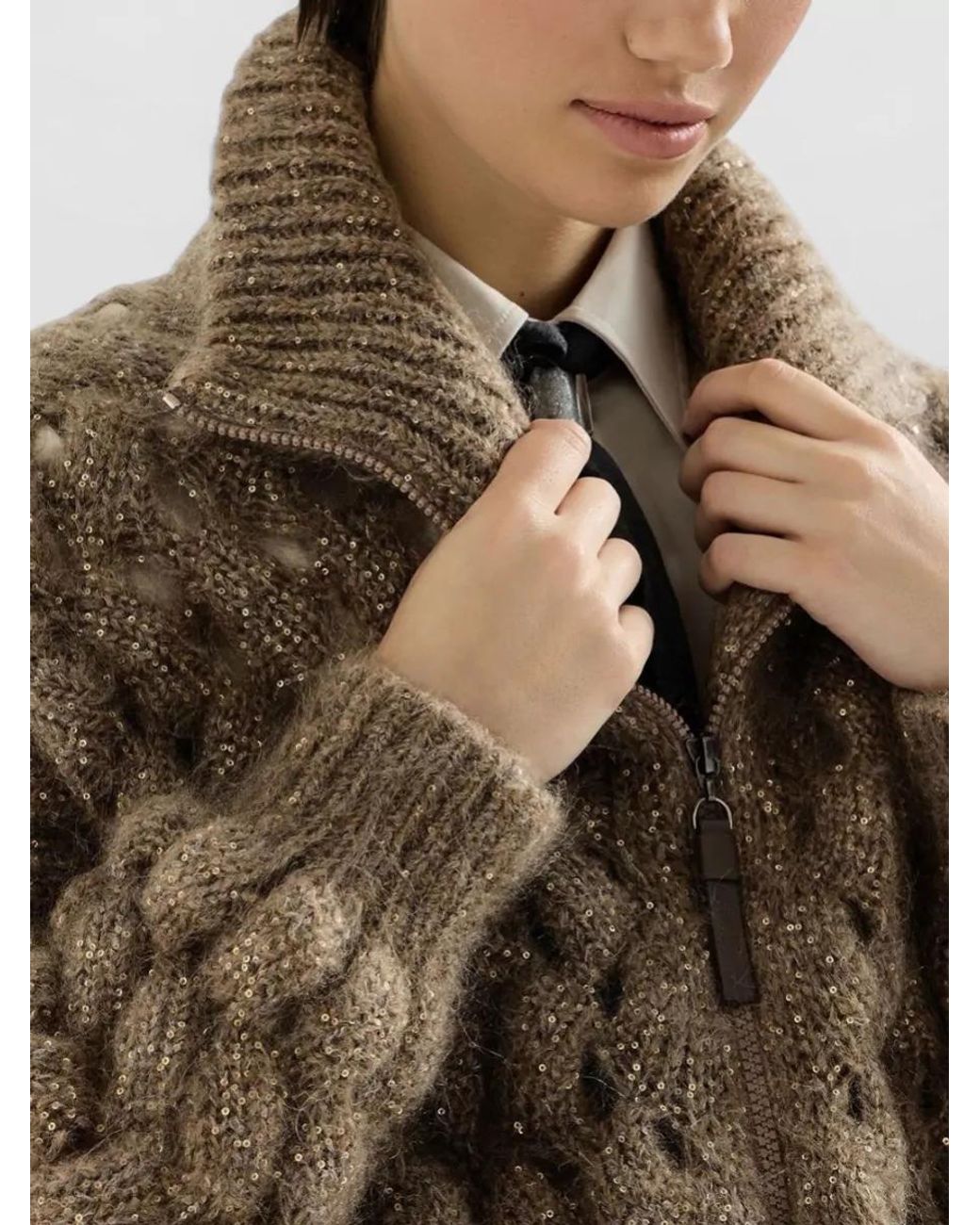 Brunello Cucinelli Brown Ribbed Sequined Mohair Blend Cardigan