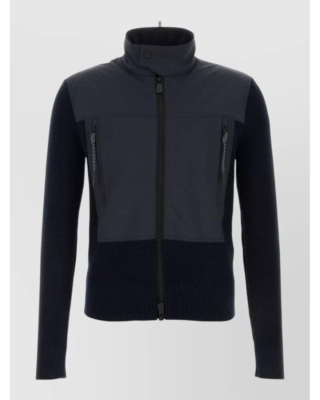 Moncler Blue Ribbed Cotton Stand Collar Zip Cardigan for men