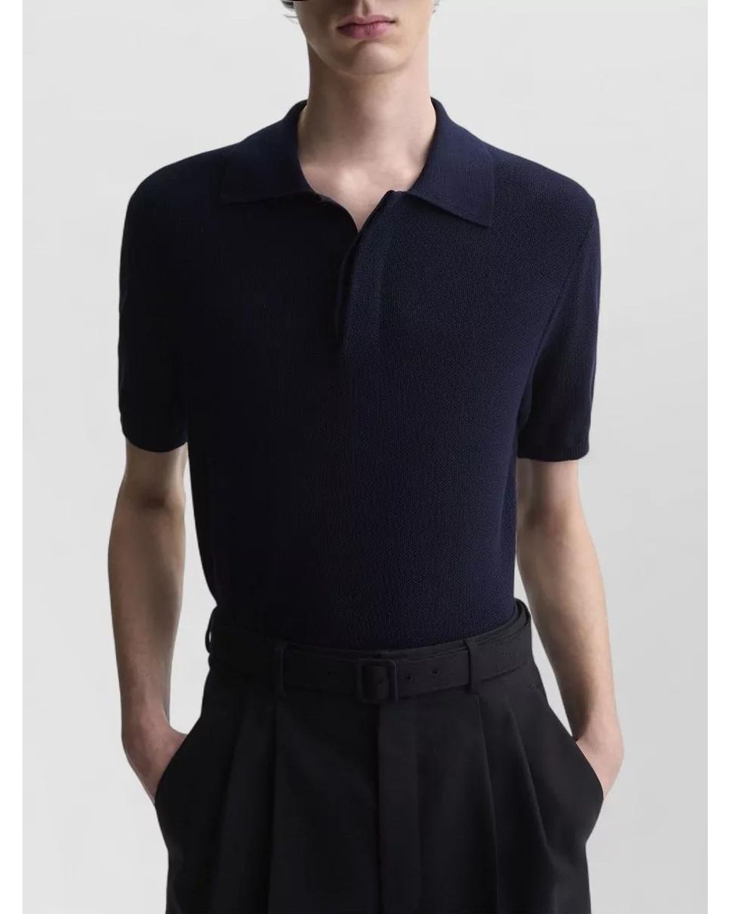 Saint Laurent Blue Ribbed Trim Cotton Short-Sleeve Polo Shirt for men