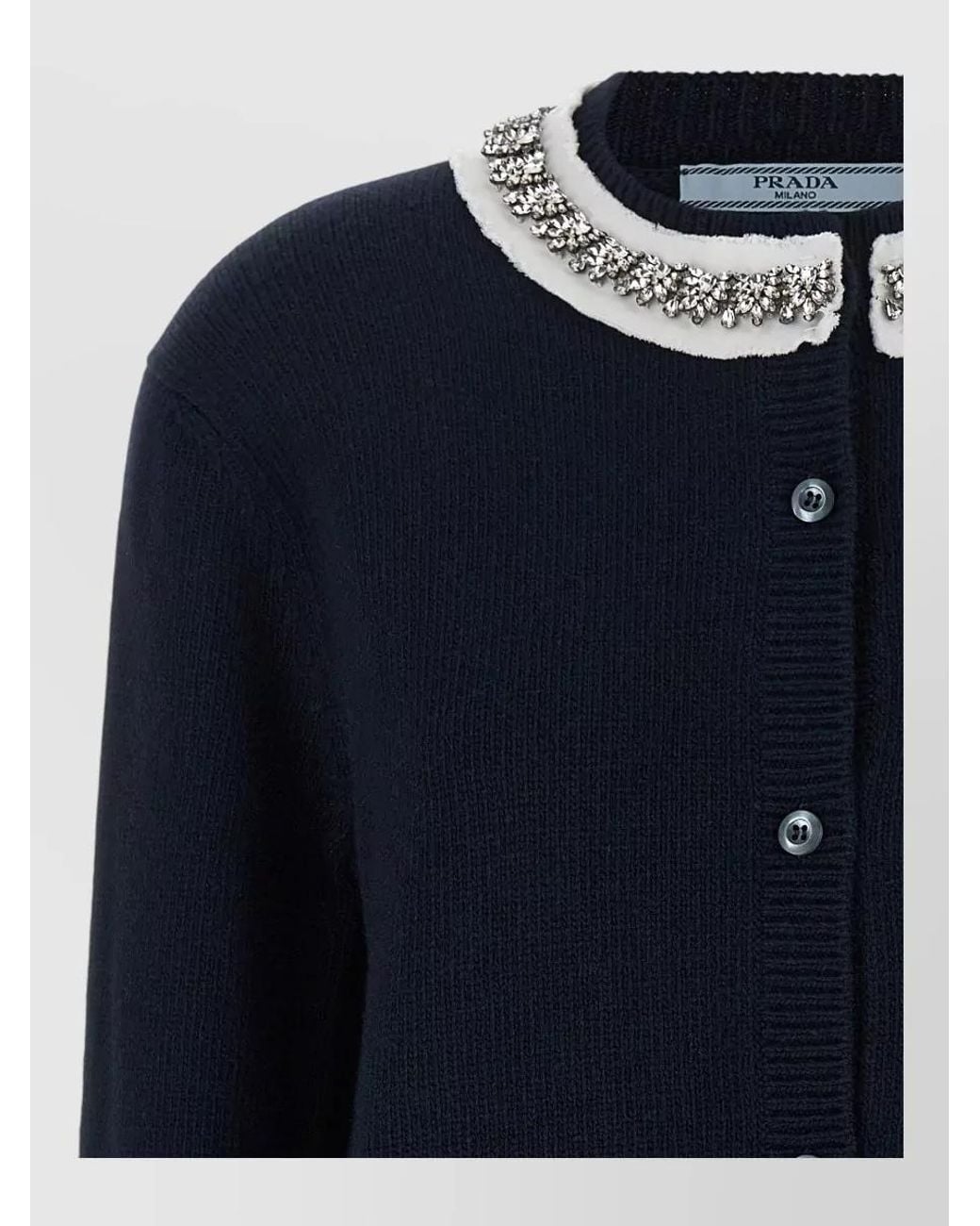 Prada Blue Cashmere Blend Crystal Embellished Collar Cardigan