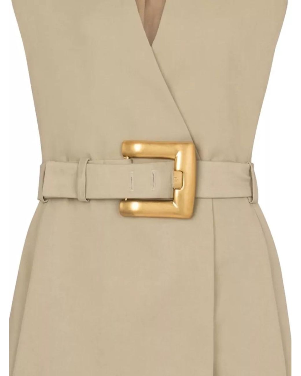 Balmain Natural Cotton V-Neck Sleeveless Belted Mini Dress