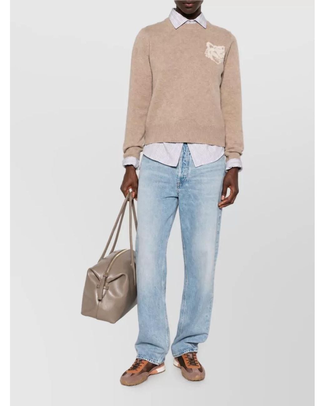 Maison Kitsuné Natural Wool Intarsia-Knit Fox Head Crew-Neck Sweater