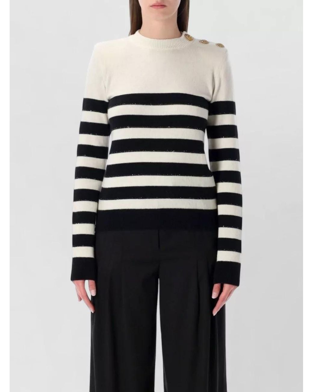 Balmain Blue Cashmere Wool Striped Buttoned Knit Jumper