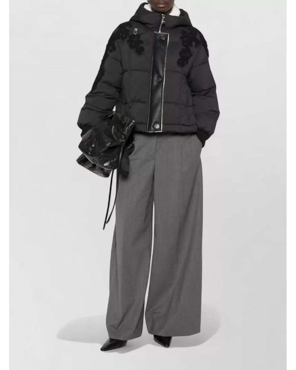 ERMANNO FIRENZE Black Quilted Floral Appliqué Drawstring Hood Down Jacket