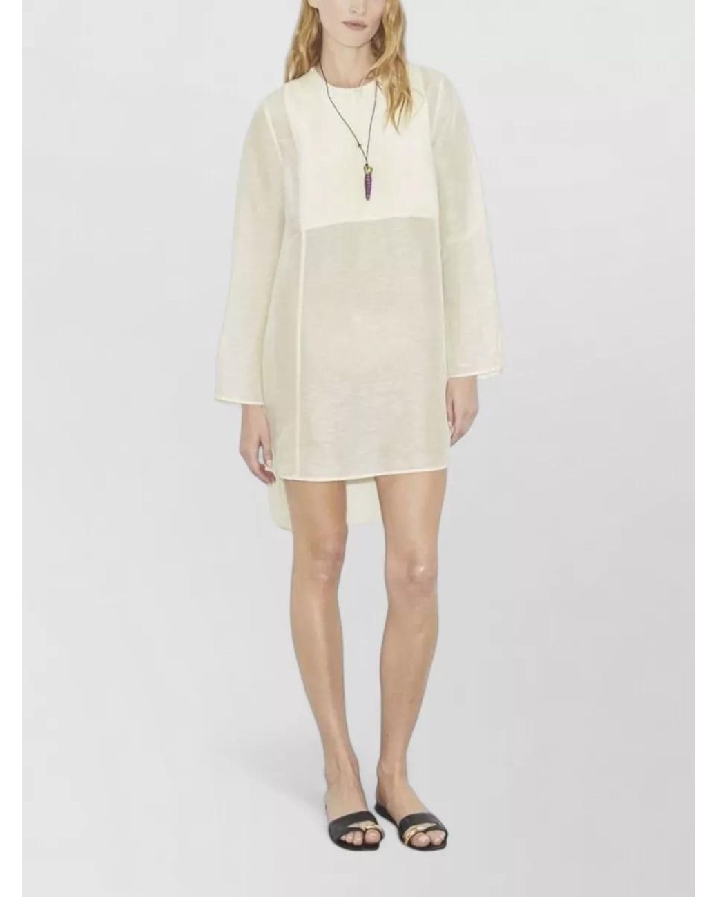 Tory Burch Natural Silk Linen Pleated Long-Sleeve Round-Neck High-Low Hem Knee-Length Dress
