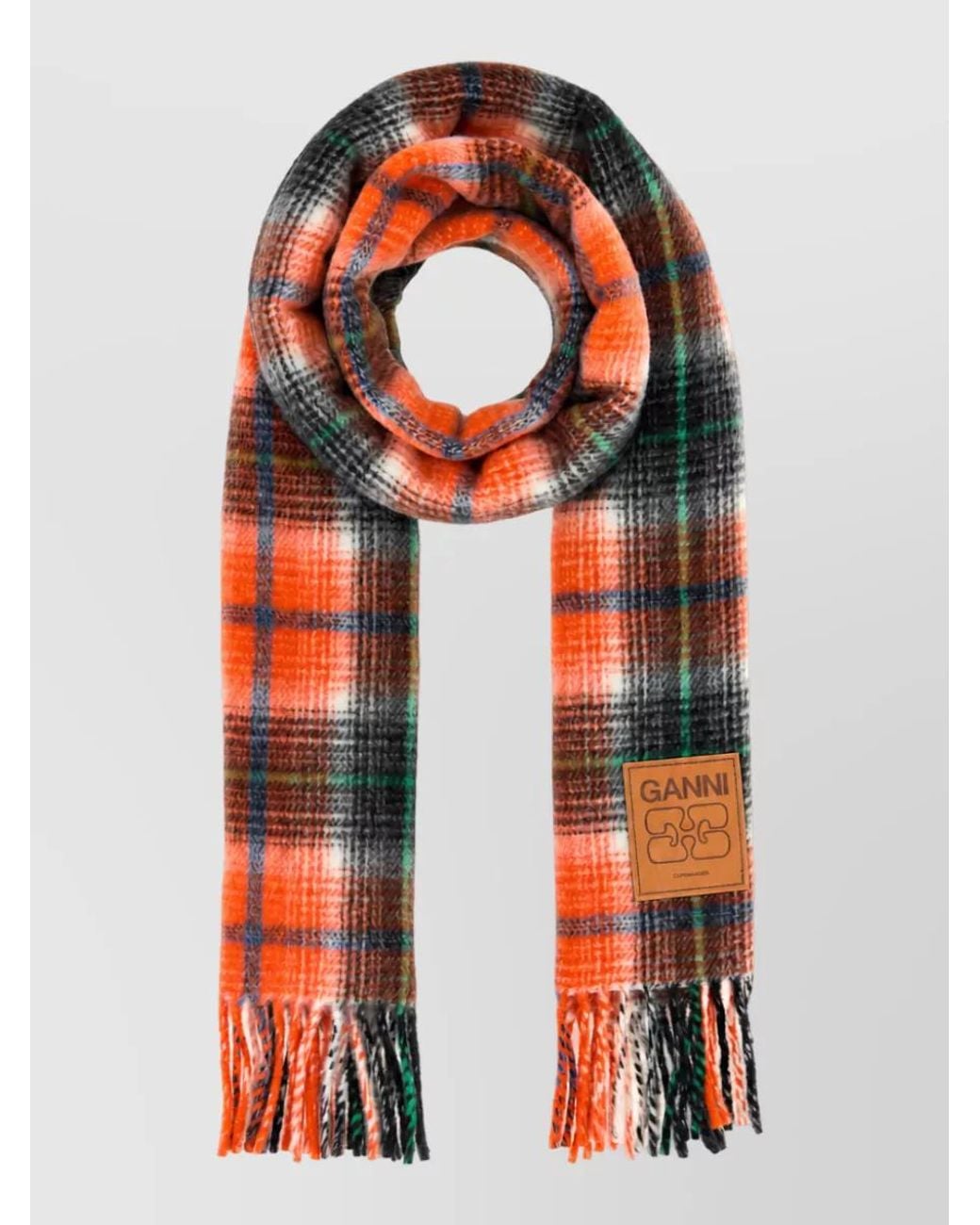 Ganni Red Checked Wool Scarf