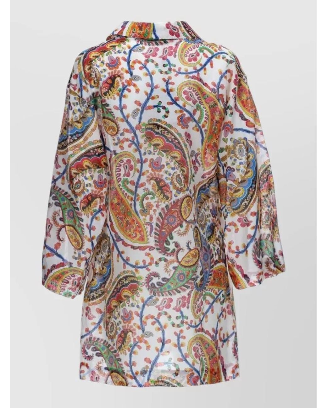 Etro Gray Cotton Silk Paisley-Print V-Neck Long-Sleeve Knee-Length Dress