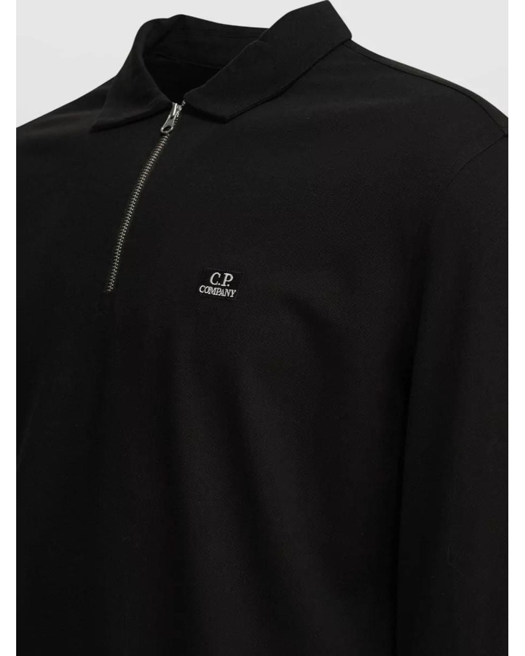 C P Company Black Cotton Long-Sleeve Zip Polo Shirt for men