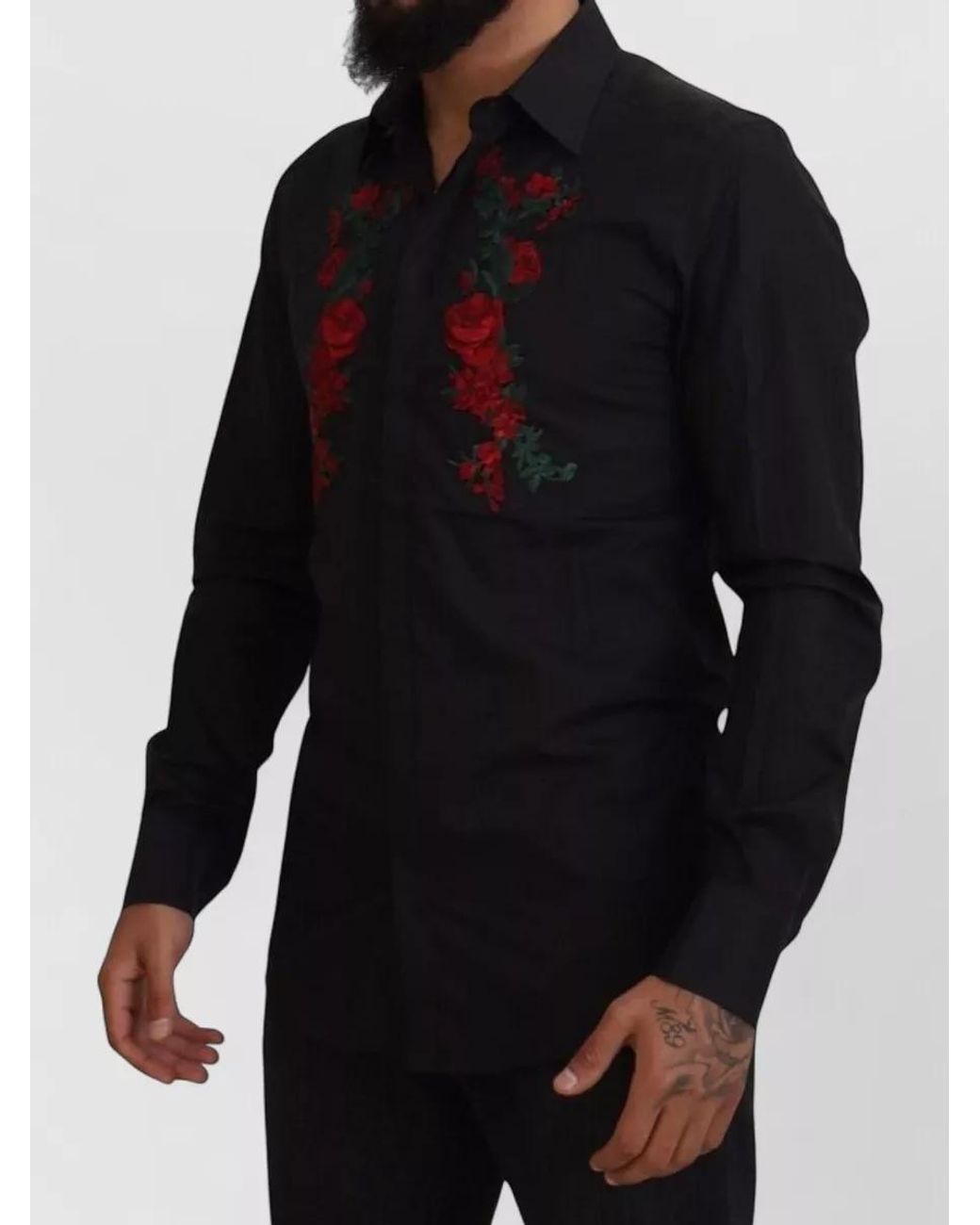 Dolce & Gabbana Black Cotton Floral-Embroidered Long-Sleeve Shirt for men