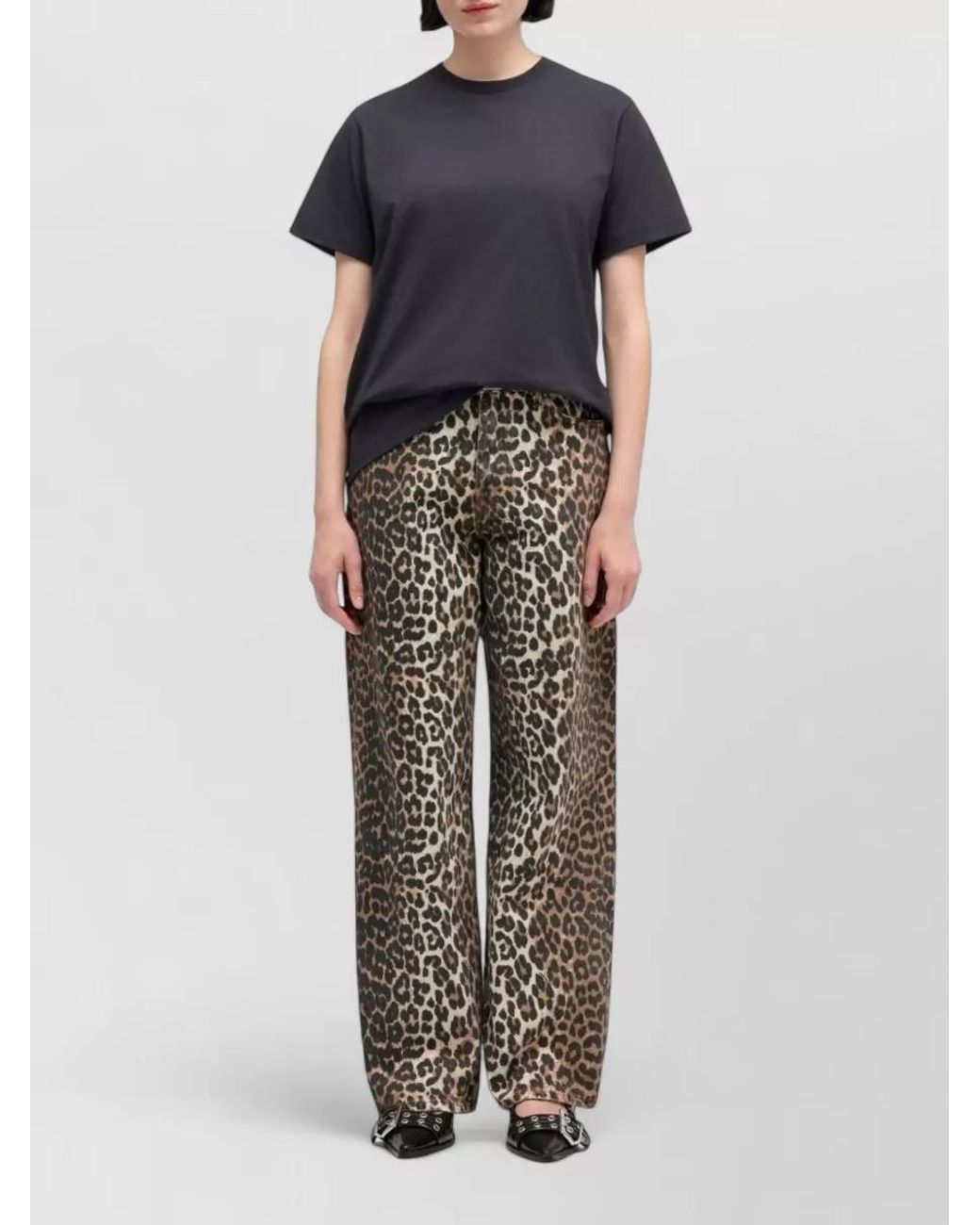 Ganni White Leopard-Print Denim Wide-Leg Trousers