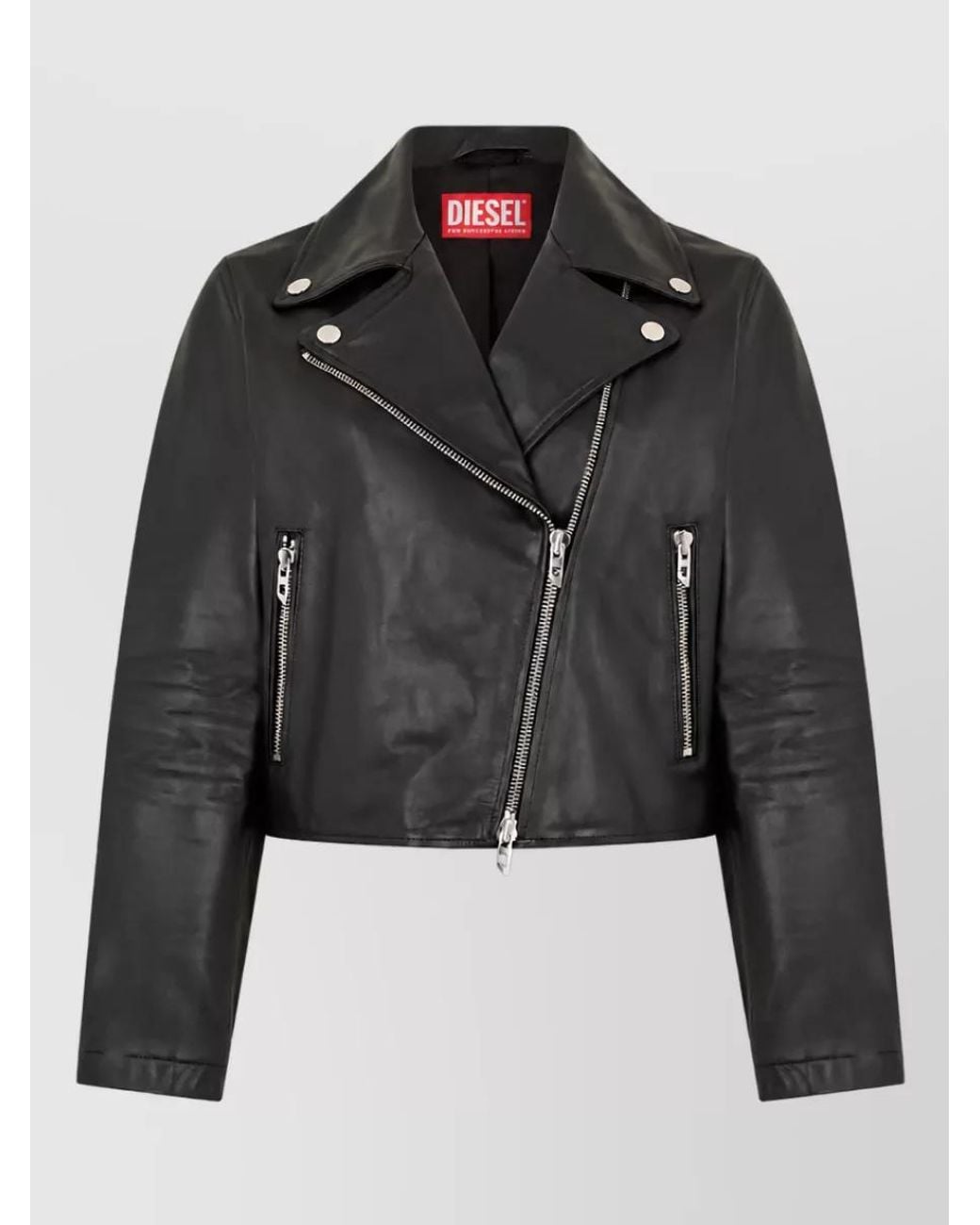 DIESEL Black Leather Cropped Mandarin Collar Biker Jacket