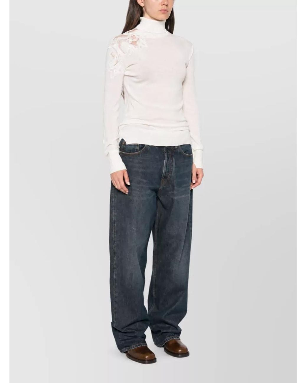 Ermanno Scervino White Virgin Wool Lace Panel Turtleneck Sweater