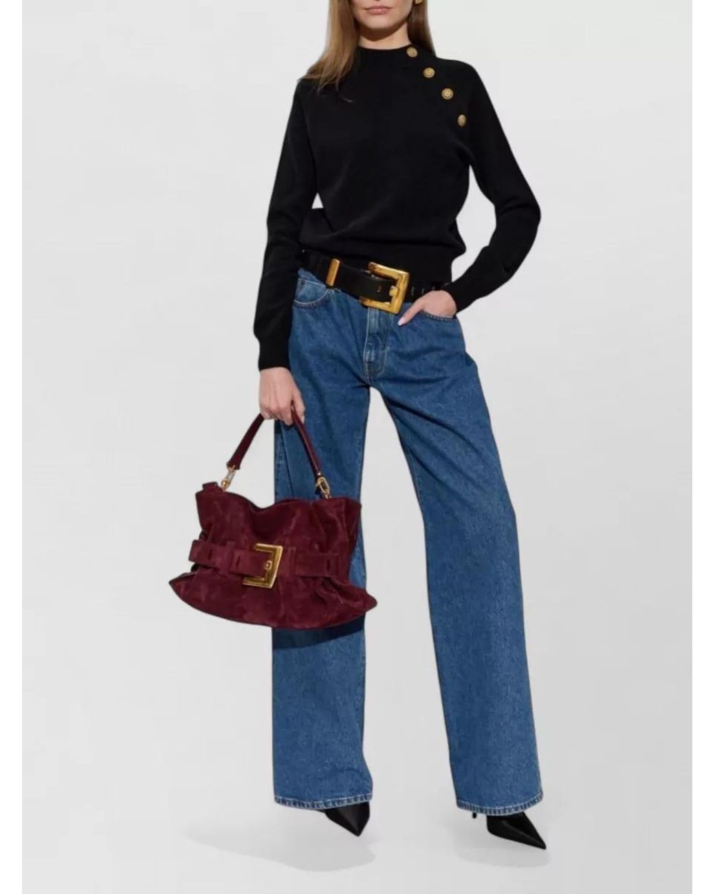 Balmain Blue Cashmere Fine-Knit Mock-Neck Sweater