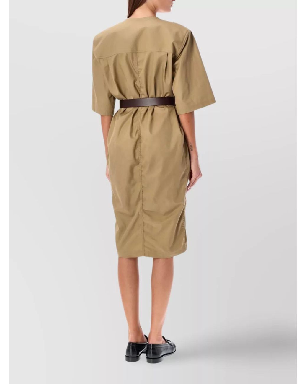 Saint Laurent Natural Cotton Belted V-Neck Short-Sleeve Midi Dress